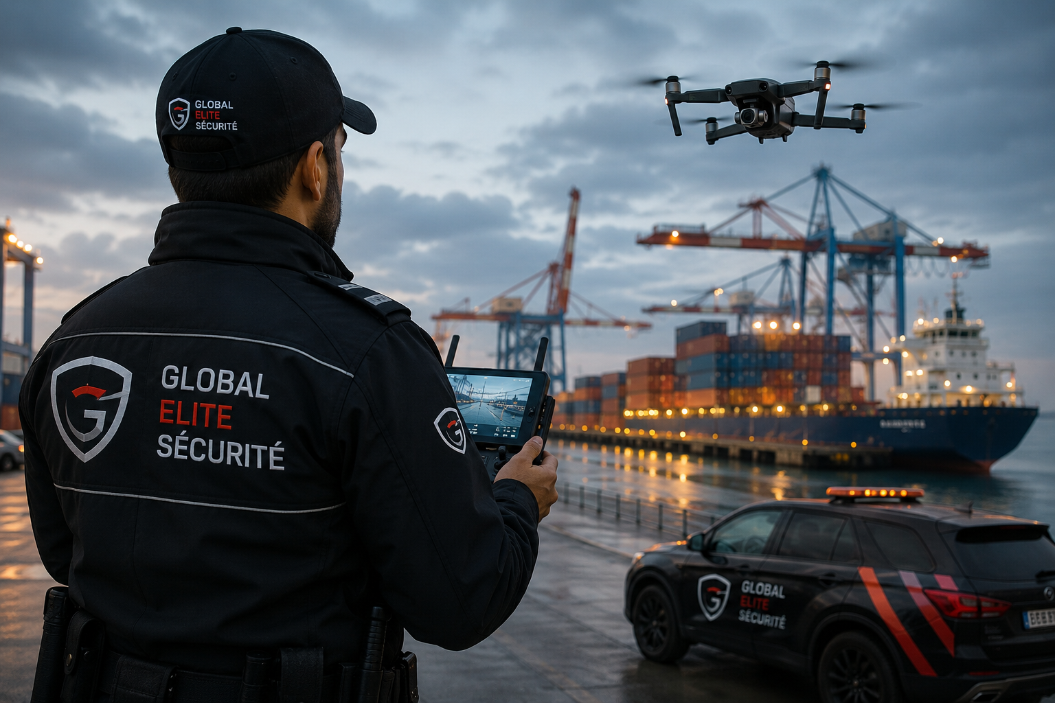 Agent Global Élite Sécurité pilotant un drone de surveillance sur un site portuaire